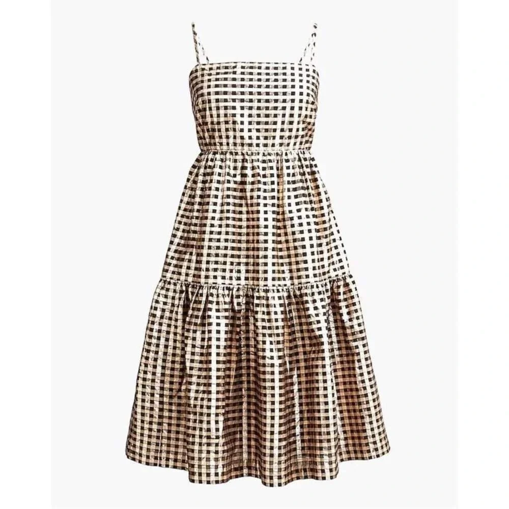 J.Crew Lurex Black & Gold Metallic Gingham Tiered Mini Dress BM072‎ Size 6 NEW